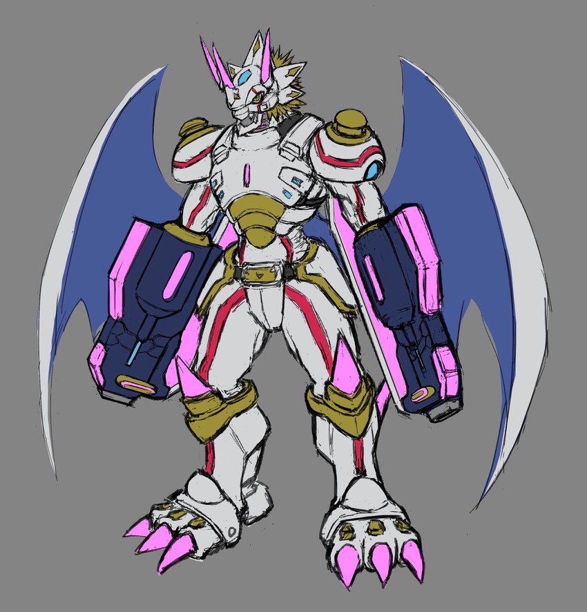 anthro blonde_hair claws grey_background gun gun_arm hair horn male membrane_(anatomy) membranous_wings ranged_weapon simple_background solo weapon white_body wings yellow_eyes mas_square bandai_namco digimon digimon_ghost_game mythology animal_humanoid digimon_(species) dragon dragon_humanoid humanoid mythological_creature mythological_scalie scalie siriusmon hi_res