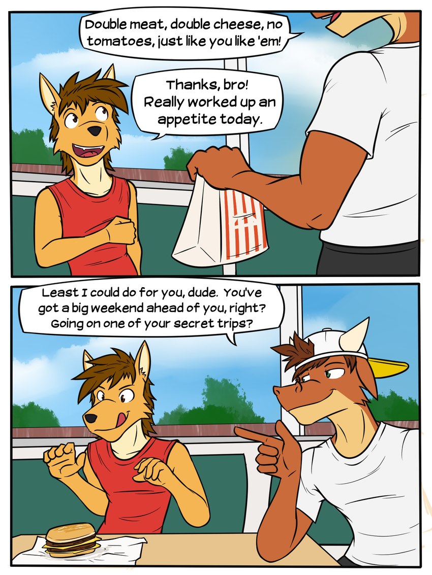 anthro backwards_baseball_cap backwards_hat baseball_cap burger clothed clothing dialogue duo food fully_clothed hat headgear headwear male restaurant shirt sitting t-shirt tank_top text topwear fuze texnatsu mond_reyes ty_conrad bovid bovine canid canine canis cattle coyote mammal 3:4 comic english_text hi_res