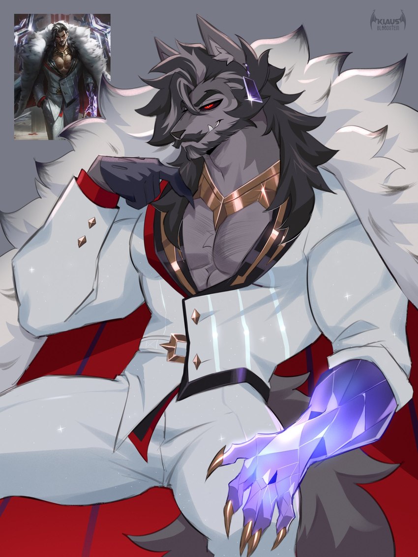 anthro bare_chest biceps black_body body_hair chest_hair chest_tuft claws clothing coat ear_piercing ear_ring earpiece jewelry male muscular muscular_anthro muscular_male pecs piercing ring_piercing simple_background solo standing tail topwear tuft klaus_bloodstein league_of_legends riot_games tencent swain_(lol) canid canine canis human humanoid mammal wolf 3:4 absurd_res hi_res