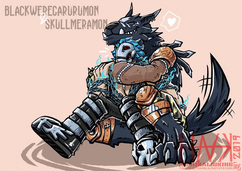 black_body black_fur blue_hair boots chain claws clothed clothing duo fingers fire footwear fur hair heart_symbol hug male scar shoes simple_background bandai_namco digimon canid canine digimon_(species) humanoid mammal shadowweregarurumon skullmeramon hi_res