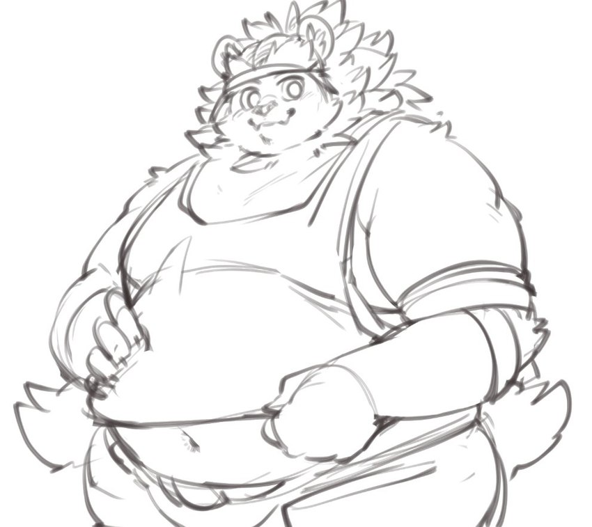 anthro belly clothing hat headgear headwear male mane navel overweight overweight_male shirt solo tank_top topwear exe_exem lifewonders tokyo_afterschool_summoners vapula_(tas) felid lion mammal pantherine sketch