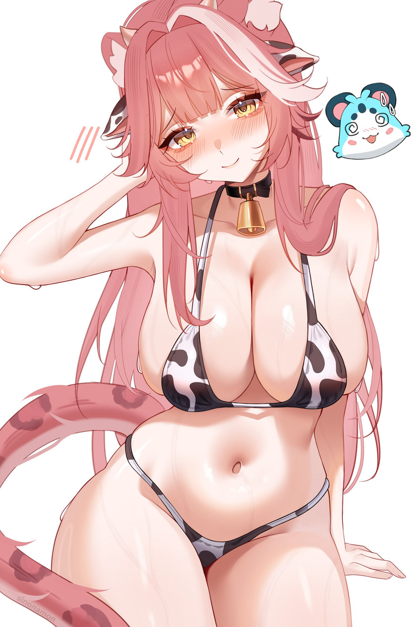animal_print animal_print_bikini bell bell_collar belly big_breasts bikini blush breasts clothing collar cow_print cow_print_bikini curvy_figure female hair navel pattern_bikini pattern_clothing pattern_swimwear pink_hair pink_tail solo swimwear tail two-piece_swimsuit voluptuous voluptuous_female wet wet_body yellow_eyes sinonamoni raora_panthera felid humanoid mammal panthera absurd_res hi_res