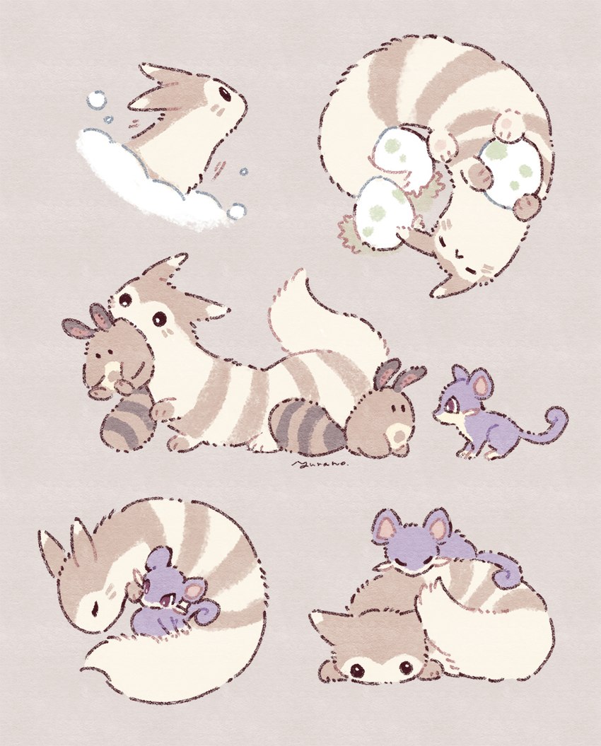 brown_body brown_fur carrying_another duo egg eyes_closed feral fur group markings pawpads paws purple_body purple_eyes purple_fur simple_background sleeping sleeping_on_another snow solo tail whisker_markings whiskers yura_inaho nintendo pokemon furret generation_1_pokemon generation_2_pokemon pokemon_(species) rattata sentret 2024 hi_res signature