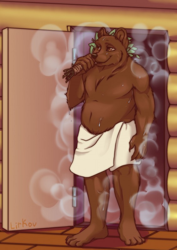 anthro barefoot bath bathhouse bodily_fluids brown_body brown_eyes brown_fur feet fur male sauna slightly_chubby smile solo steam sweat towel towel_around_waist towel_only wet wet_body wet_fur lirkov bear mammal 2019 absurd_res digital_media_(artwork) hi_res