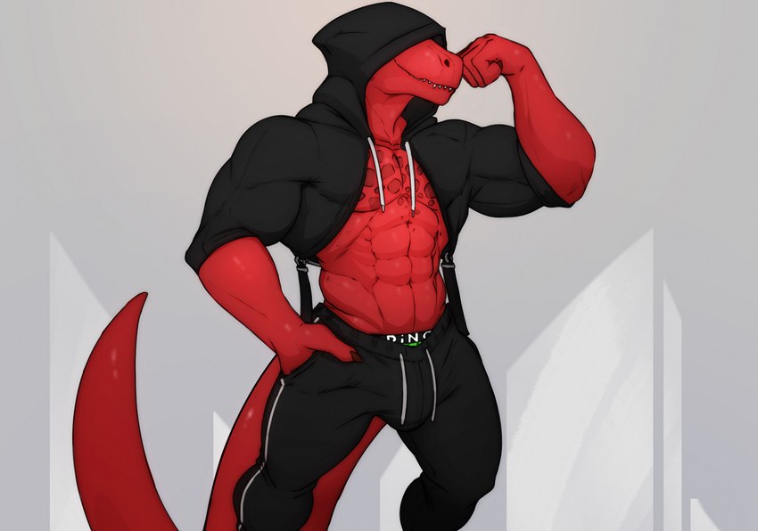 abs anthro clothing hoodie male muscular muscular_anthro muscular_male pecs red_body red_skin solo tail topwear zomacaius zoma dinosaur prehistoric_species reptile scalie theropod tyrannosaurid tyrannosauroid tyrannosaurus tyrannosaurus_rex hi_res