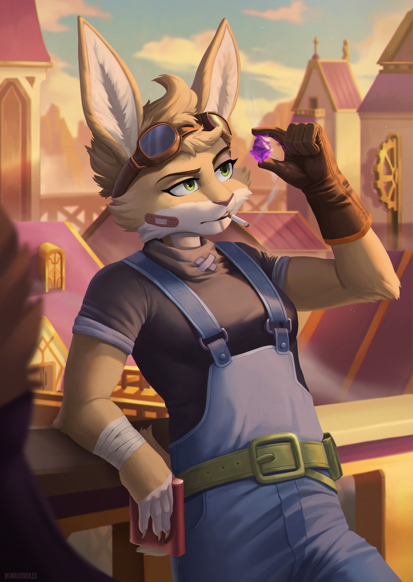 5_fingers anthro belt breasts building cigarette cigarette_box cigarette_in_mouth city clothing cloud female fingers gem gloves handwear looking_at_object object_in_mouth overalls shirt sky solo topwear town munrudoodles dungeons_of_aether rivals_of_aether ayala_(rivals_of_aether) lagomorph leporid mammal rabbit 2022 absurd_res hi_res