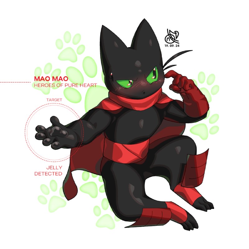 black_body black_fur blush cape clothing digitigrade fur green_eyes lock-on pawpads solo target doro-nyong cartoon_network mao_mao:_heroes_of_pure_heart sheriff_mao_mao_mao domestic_cat felid feline felis mammal 1:1