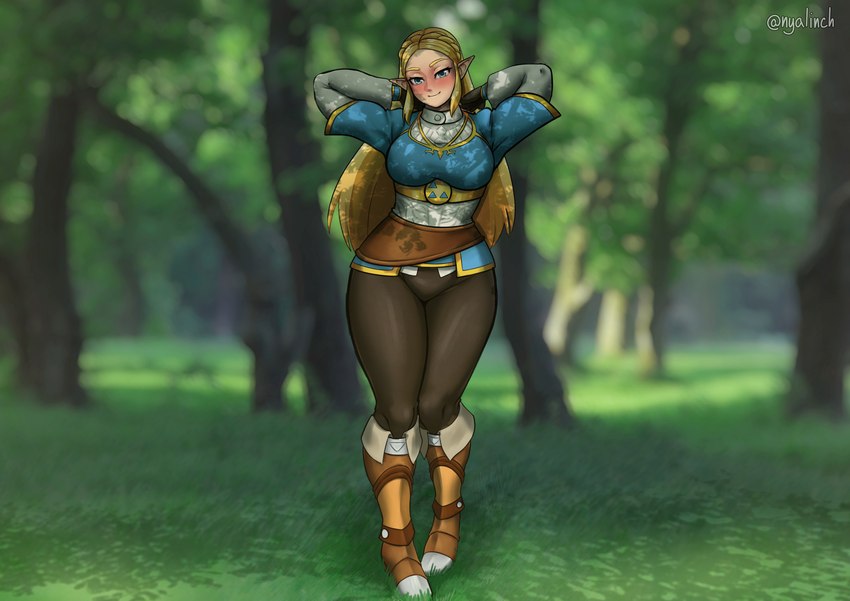 big_breasts blonde_hair blue_clothing blue_eyes blue_topwear blush bottomwear breasts brown_bottomwear brown_clothing brown_footwear brown_pants brown_shoes clothed clothing eyelashes female footwear forest front_view fully_clothed hair hands_behind_head humanoid_pointy_ears long_hair looking_at_viewer not_furry outside pants plant pointy_ears shoes smile solo standing tan_body tan_skin thick_thighs topwear tree wide_hips nyalinch breath_of_the_wild nintendo the_legend_of_zelda princess_zelda humanoid hylian absurd_res hi_res