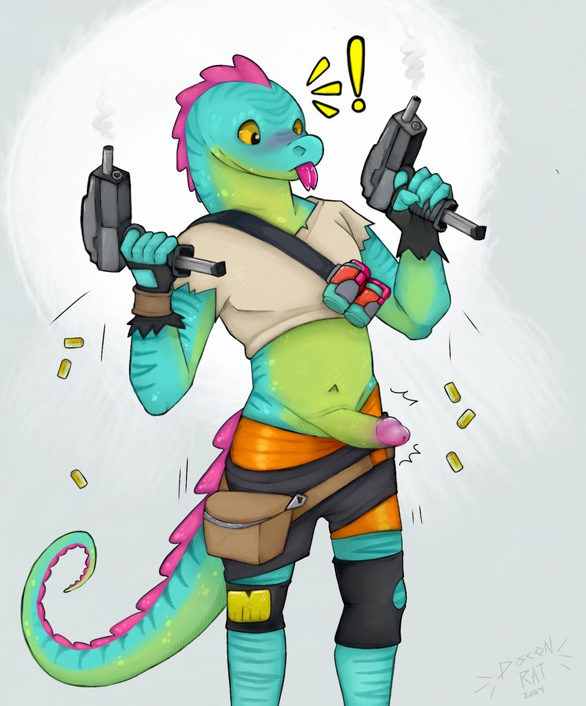 anthro blush bottomwear bottomwear_down clothed clothing embarrassed erection fanny_pack gun male pants pants_down partially_clothed ranged_weapon solo surprised_expression weapon discon_rat epic_games fortnite lizzik_(fortnite) iguana iguanid lizard reptile scalie hi_res