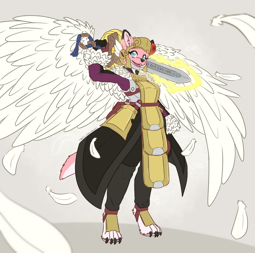 accessory anthro armor armor_plates blonde_hair blue_eyes feathered_wings feathers female flower flower_in_hair fur hair hair_accessory looking_at_viewer melee_weapon paws pink_body pink_fur plant solo sword weapon white_body white_fur wings kina_heijima grey_havens mythology spiral_knights roketchu canid canine canis dragon hybrid mammal mythological_creature mythological_scalie scalie wolf absurd_res hi_res