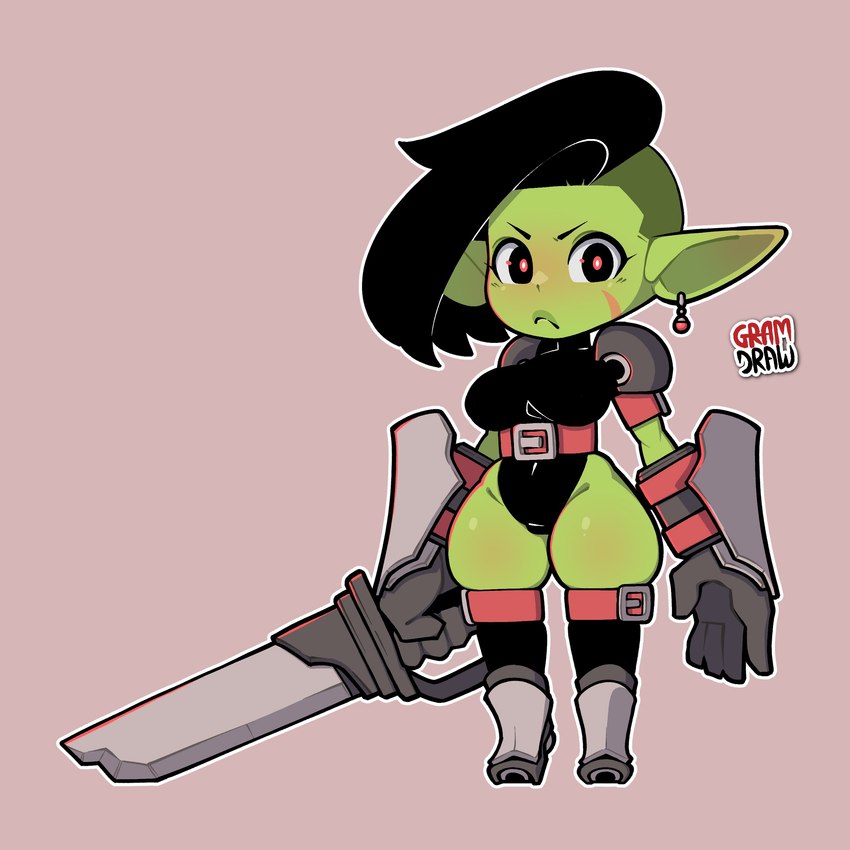 5_fingers armor armwear big_breasts big_ears black_clothing black_hair black_leotard blush boots breasts clothed clothed_female clothed_humanoid clothing curvy_figure ear_piercing facial_scar female female_humanoid fingers footwear gloves green_body green_ears green_face green_skin hair handwear holding_object holding_weapon humanoid_pointy_ears legwear leotard long_ears mouth_closed narrowed_eyes navel_outline not_furry piercing pointy_ears scar shoes short_stack shoulder_armor simple_background solo standing thick_thighs warrior weapon wide_hipped_female wide_hipped_humanoid wide_hips gramdraw rami_(gramdraw) goblin humanoid 1:1 2024 absurd_res digital_drawing_(artwork) digital_media_(artwork) full-length_portrait hi_res portrait