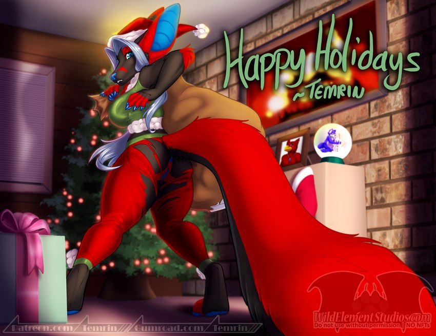 anthro anus arm_tuft black_body black_fur blue_body blue_eyes blue_hair blue_skin bottomwear cameo caught clothed clothing costume elbow_tuft female fireplace fur genitals gift hair holidays inside looking_at_viewer low-angle_view mishap pants plant pose pussy red_body red_fur snow_globe solo tail torn_clothing tree tuft temrin christmas santa_claus temrin_sanjem digital_media_(artwork) pinup portrait