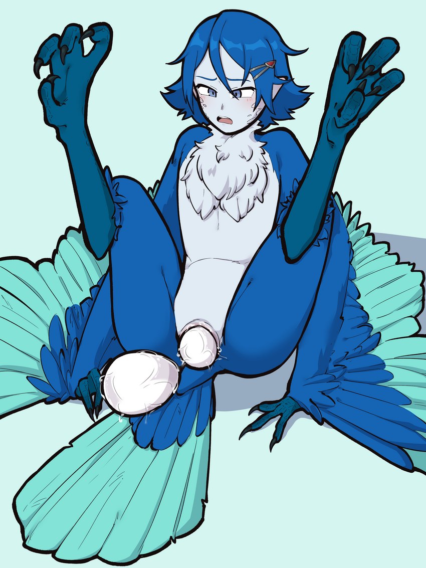 4_toes accessory animal_genitalia anisodactyl blue_background blue_body blue_eyes blue_feathers blue_hair blue_scales blush bodily_fluids chest_tuft claws cloaca cloaca_juice crossgender digitigrade egg egg_from_cloaca feathered_wings feathers feet female finger_claws fingers genital_fluids genitals hair hair_accessory hairclip humanoid_pointy_ears looking_at_viewer monster_girl_(genre) mtf_crossgender multicolored_body multicolored_feathers nude open_mouth oviposition pointy_ears scales short_hair simple_background solo standing tail tail_feathers talons teeth toe_claws toes tuft winged_arms wings unknown_artist european_mythology greek_mythology macross macross_delta mythology hayate_immelman animal_humanoid avian avian_humanoid bird bird_humanoid harpy humanoid mythological_avian mythological_creature 3:4 absurd_res hi_res