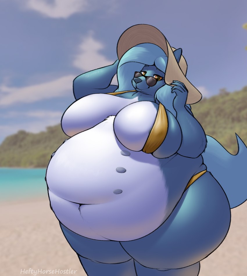 anthro beach belly big_belly big_breasts bikini blue_body blue_fur blue_hair breasts clothing cloud eyewear female fur hair half-closed_eyes hat headgear headwear looking_at_viewer multi_nipple narrowed_eyes navel nipples obese obese_anthro obese_female outside overweight overweight_anthro overweight_female seaside sky smile solo sun_hat sunglasses swimwear two-piece_swimsuit under_belly white_body white_fur yellow_eyes heftyhorsehostler canid canine canis mammal wolf hi_res