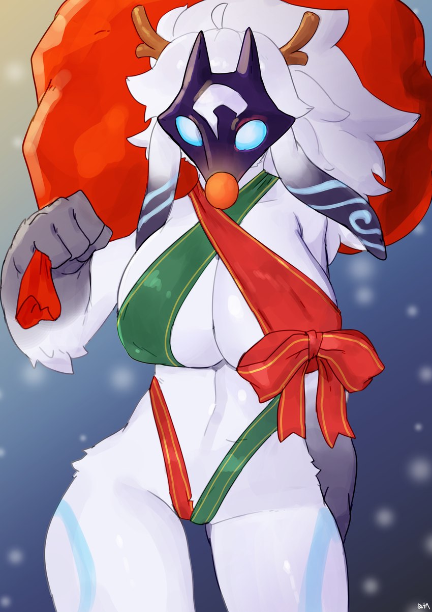 5_fingers anthro biped blue_body blue_eyes blue_fur breasts clothed clothing fake_antlers fake_horns female fingers floppy_ears front_view fur holidays mask nipple_outline simple_background skimpy solo wearing_mask white_body white_fur buta99 christmas league_of_legends riot_games tencent kindred_(lol) lamb_(lol) bovid caprine goat mammal 2024 absurd_res hi_res