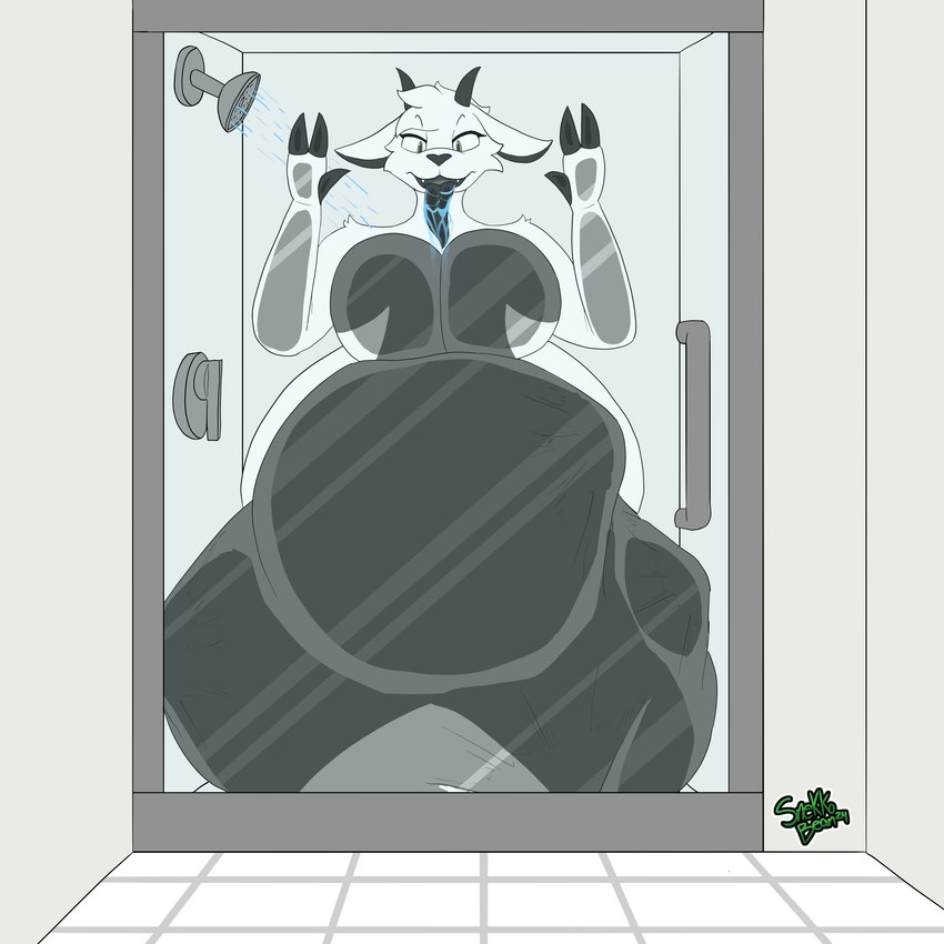 after_vore against_surface belly big_belly big_breasts breasts female huge_belly on_glass shower solo tongue unseen_prey vore snekkobean bovid caprine goat mammal 1:1 absurd_res hi_res