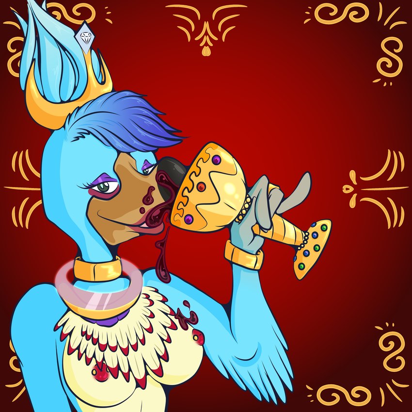 alcohol anthro beverage big_breasts blue_body blue_feathers bracelet breasts container crown cup feathers female goblet headgear jewelry looking_at_viewer multicolored_body multicolored_feathers necklace nipple_piercing nipples nude piercing pseudo_hair solo wine hirothedragon blitz_games infogrames rift_seekers_saga zapper:_one_wicked_cricket maggie_(zapper:_one_wicked_cricket) avian bird corvid magpie_(corvid) oscine passerine 1:1 absurd_res hi_res