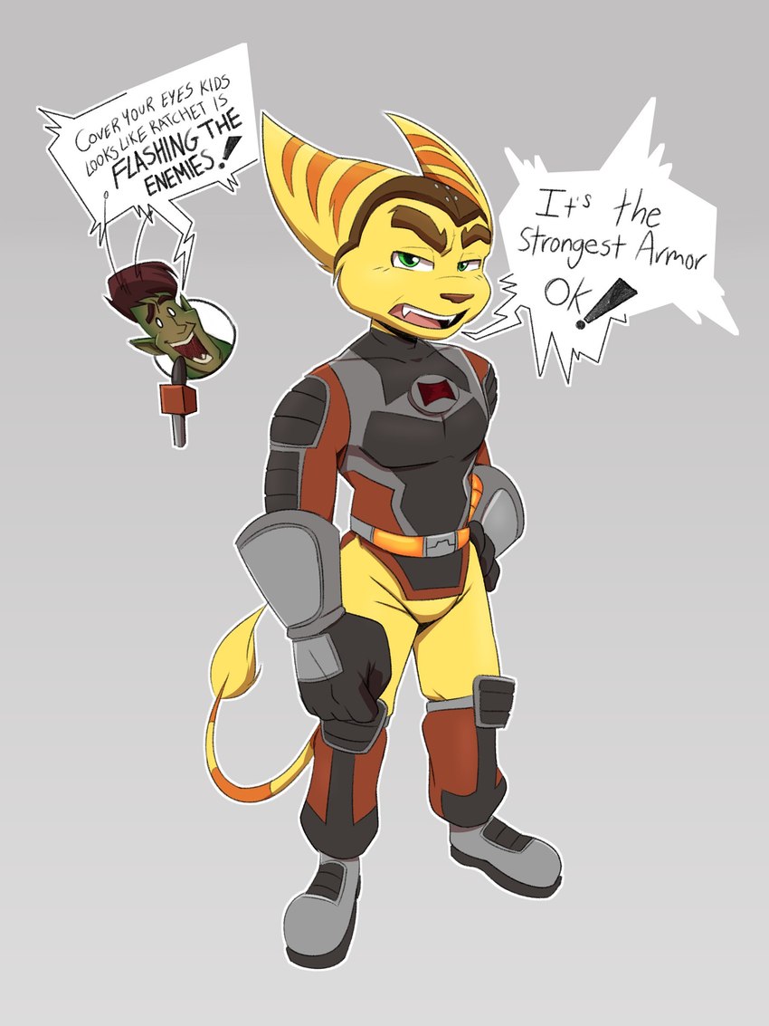 anthro clothing dialogue eyebrows fur gloves green_eyes hand_on_hip handwear headgear headwear male open_mouth solo striped_body striped_fur stripes tail tail_tuft teeth tuft yellow_body yellow_fur dan_scarf ratchet_and_clank sony_corporation sony_interactive_entertainment ratchet_(ratchet_and_clank) lombax mammal 3:4 absurd_res hi_res