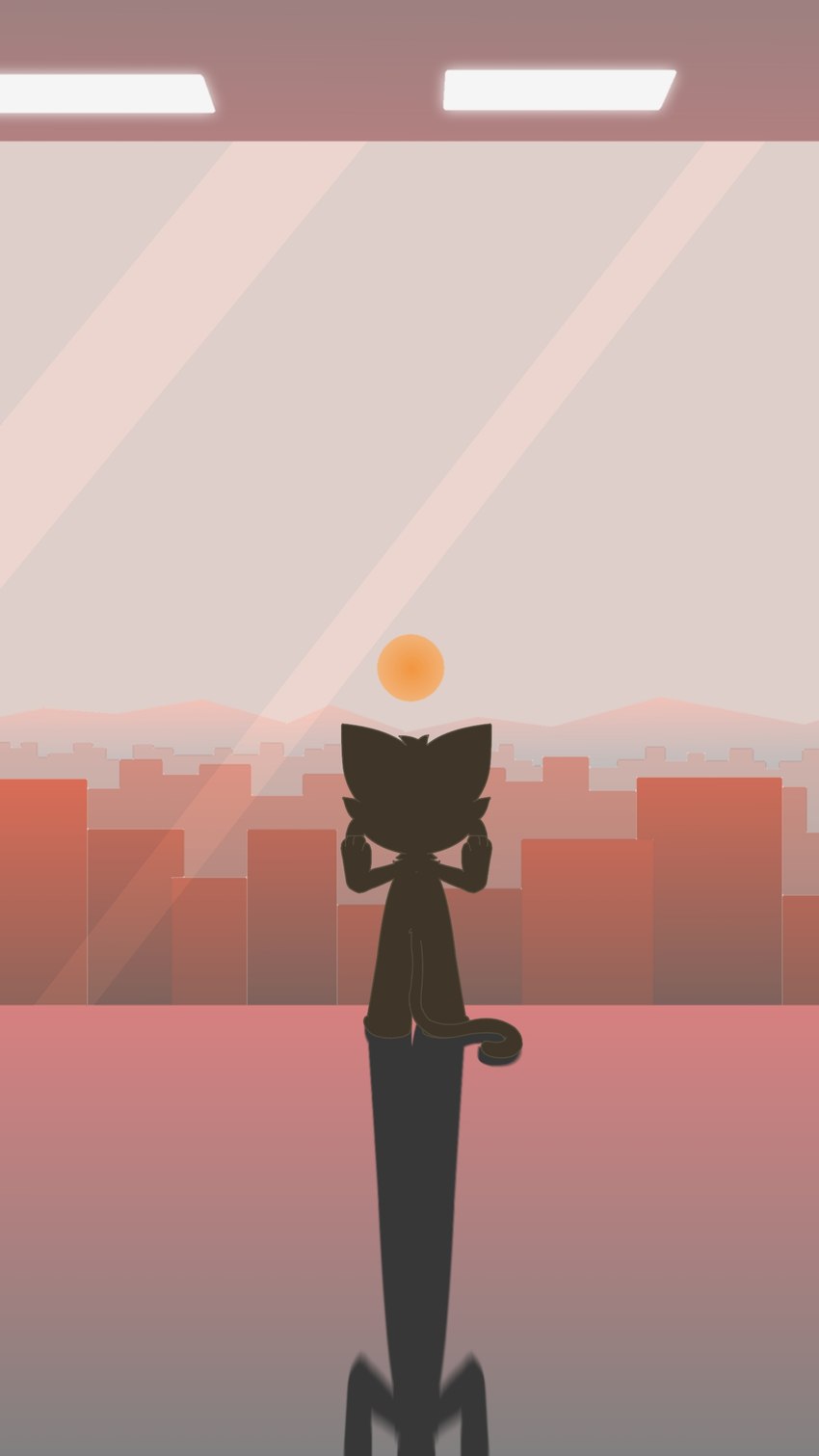 4_fingers brown_body brown_fur building city city_background fingers fur glass hands_on_wall long_tail looking_outside male mountain_range nude orange_light small_body solo standing_over sunset tail window kyshan_(artist) domestic_cat felid feline felis mammal absurd_res hi_res