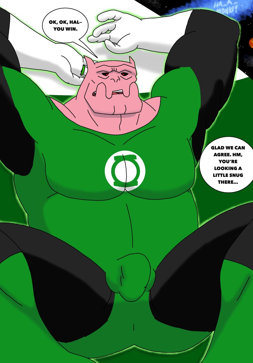 bulge clothing dialogue legwear male muscular muscular_male outerspace overweight overweight_male solo spread_legs spreading text tight_clothing tights ha_a_monkey dc_comics green_lantern_(series) kilowog bolovaxian absurd_res english_text hi_res