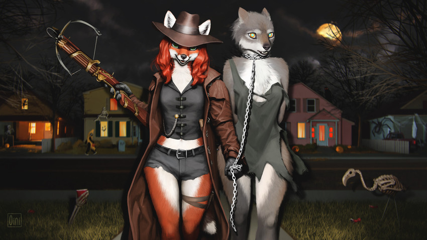 anthro breasts chain clothed clothing cosplay crossbow duo female hair hat headgear headwear holidays night ranged_weapon weapon oini halloween van_helsing canid canine canis fox mammal wolf 16:9 hi_res widescreen