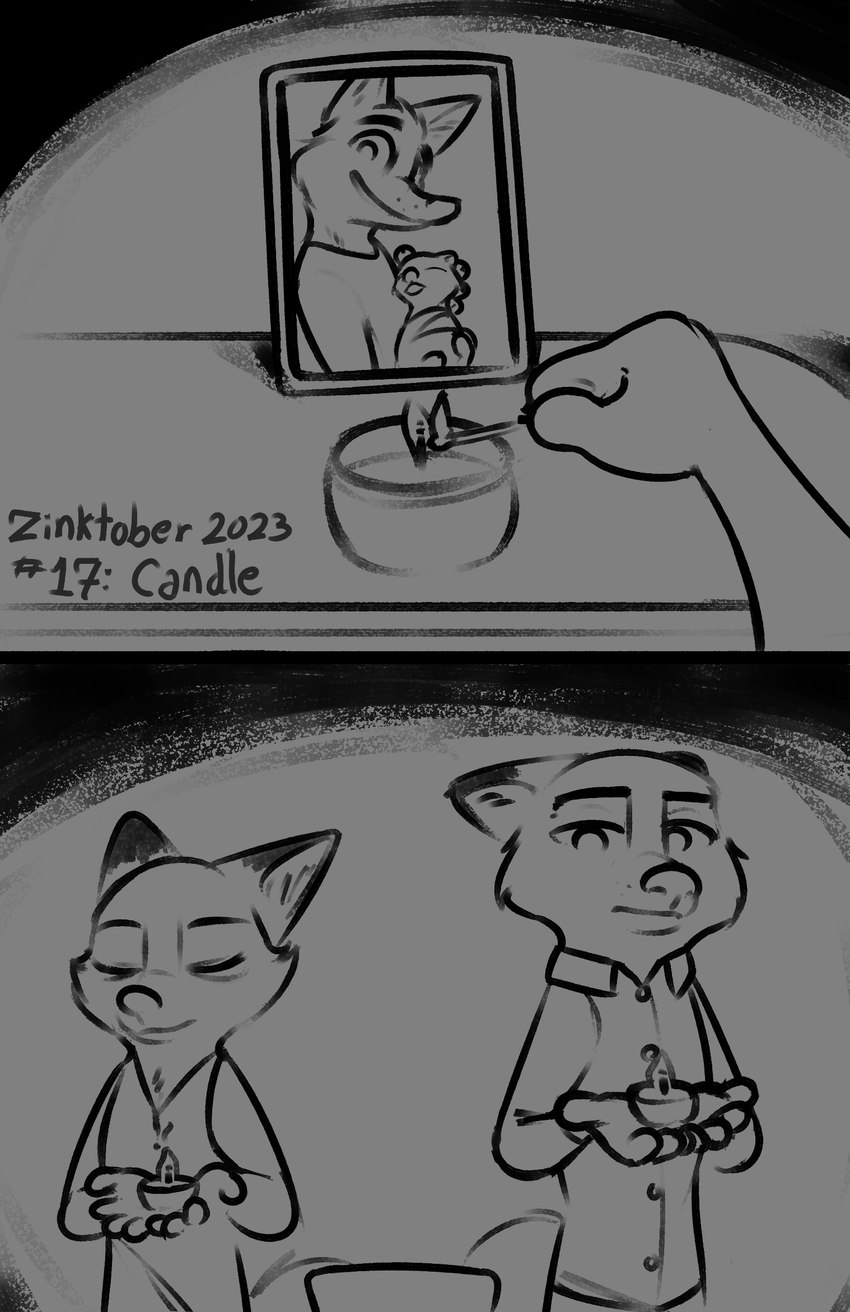 2_panel_comic anthro baby candle clothing dipstick_ears dress dress_shirt duo ear_markings eyes_closed female fire furniture holding_baby holding_candle holding_object male match multicolored_ears photo picture_frame shirt table text topwear young conditional_dnp tangerine_(artist) disney inktober zootopia john_wilde mrs._wilde nick_wilde canid canine fox mammal red_fox true_fox 2023 digital_drawing_(artwork) digital_media_(artwork) english_text hi_res monochrome