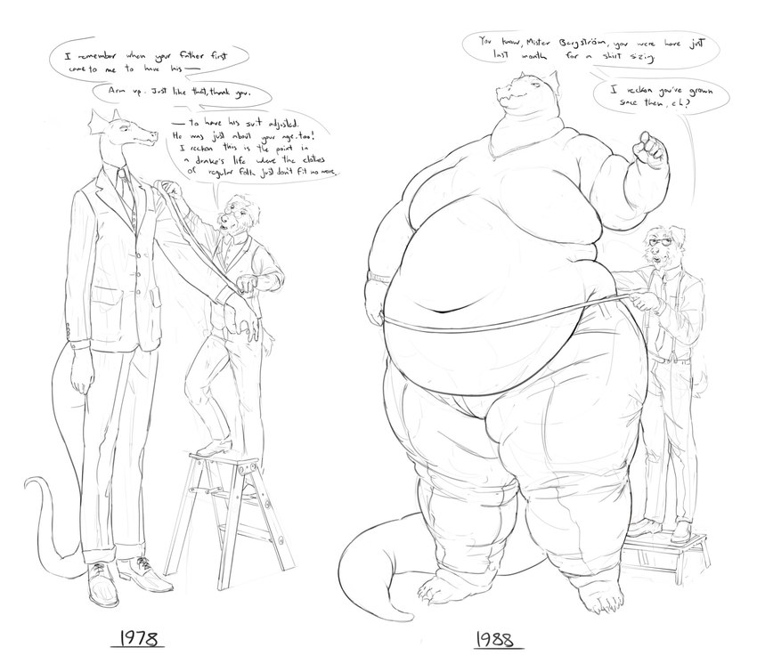 anthro barefoot before_and_after bottomwear clothed clothing dialogue dress_shirt duo eyewear fat_rolls feet footwear fully_clothed glasses holding_object jacket macro male measuring moobs navel necktie obese obese_anthro obese_male overweight overweight_anthro overweight_male pants partially_clothed shirt shoes size_difference slim speech_bubble standing step_ladder suit suspenders tail tape_measure text topless topwear weight_gain cettus mythology fritjof canid canine canis domestic_dog dragon mammal mythological_creature mythological_scalie scalie 2024 english_text hi_res sketch