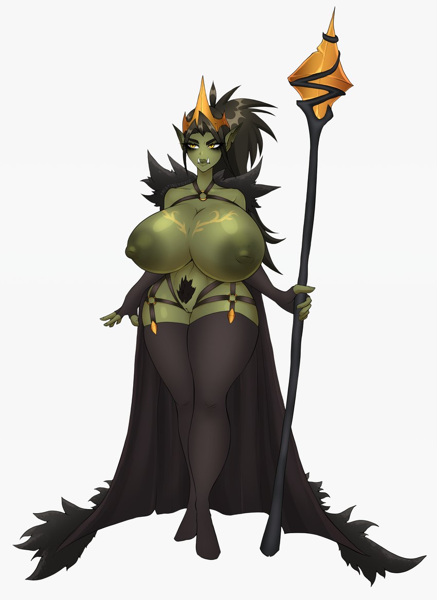 big_breasts breasts clothing female genitals green_body green_skin holding_object holding_staff huge_breasts legwear not_furry pubes pussy staff thigh_highs twistingtoxic goblin humanoid hi_res