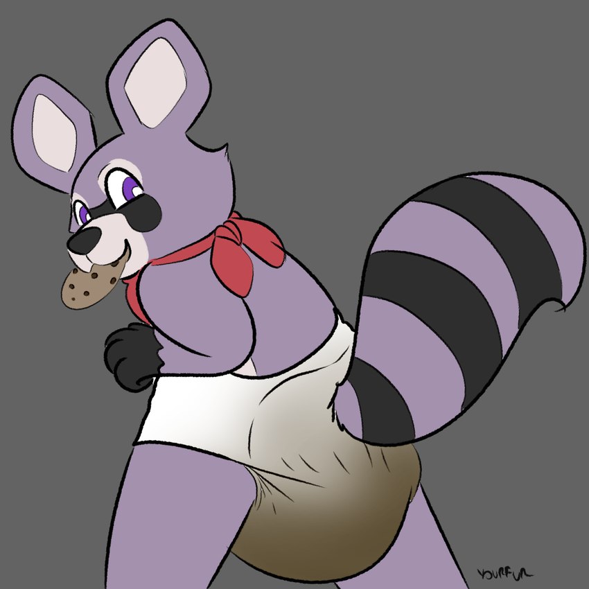 anthro clothed clothing diaper feces male mascot_horror simple_background soiled_diaper solo unclean_diaper used_diaper wearing_diaper yourfur indigo_park rambley_raccoon mammal procyonid raccoon 1:1 hi_res