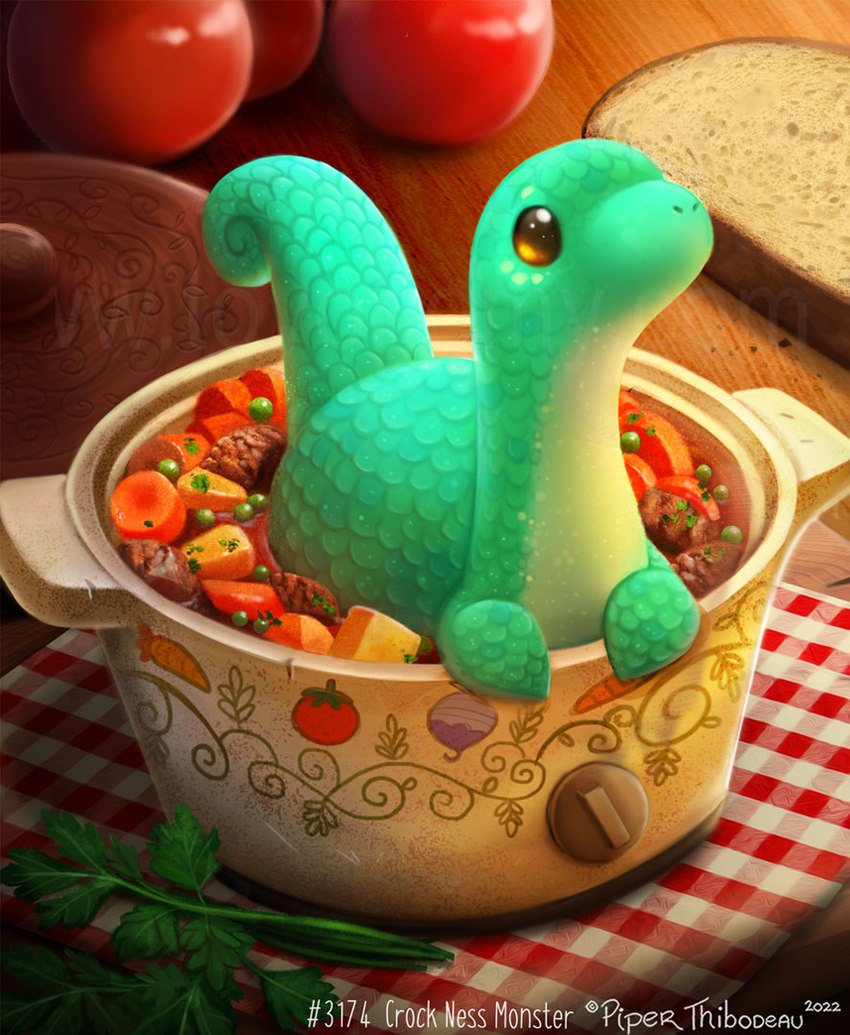 ambiguous_gender beady_eyes beet bread brown_eyes carrot cooking_pot detailed_background feral food fruit furniture green_body green_scales legume lid meat napkin parsley pea_(food) plant scales solo stew table tan_body tan_scales tomato vegetable piper_thibodeau loch_ness_monster marine scalie 2022 digital_media_(artwork) digital_painting_(artwork) signature