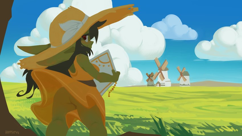 bottomless butt clothed clothing clothing_lift cloud detailed_background dress dress_lift female field green_body green_skin hat headgear headwear holding_object humanoid_pointy_ears kite landscape looking_at_viewer looking_back no_underwear not_furry outside pointy_ears red_eyes short_stack smile solo sun_hat sundress upskirt wind windmill yellow_clothing yellow_dress yellow_hat yellow_headwear huffslove trixie_(huffslove) goblin humanoid 16:9 2021 hi_res widescreen