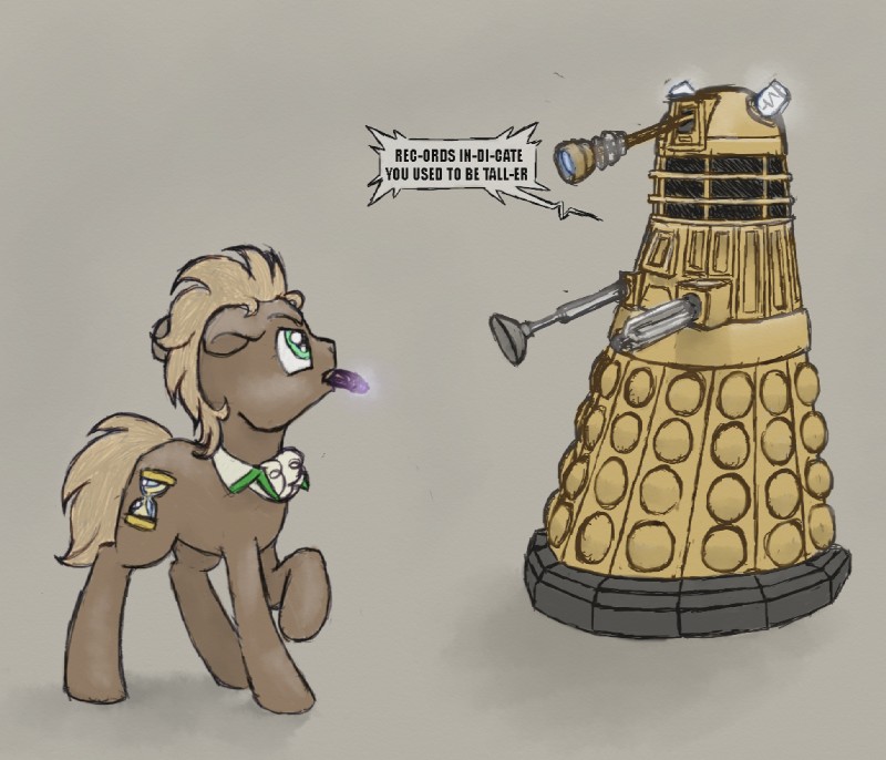 dialogue duo eye_contact feral grey_background looking_at_another male shirt_collar simple_background sonic_screwdriver speech_bubble text petrock british_broadcasting_corporation doctor_who friendship_is_magic hasbro my_little_pony doctor_whooves_(mlp) dalek earth_pony equid equine horse mammal pony digital_media_(artwork) english_text