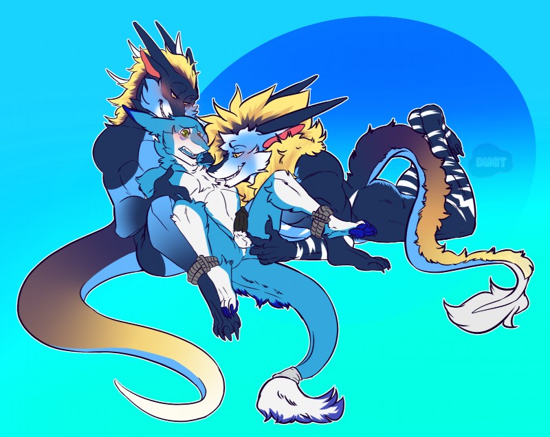 anthro balls blue_body blue_fur fur genitals group male male/male nude penis simple_background smile tail dngt mythology blusky halley teryx_commodore dragon mythological_creature mythological_scalie scalie sergal digital_media_(artwork) hi_res