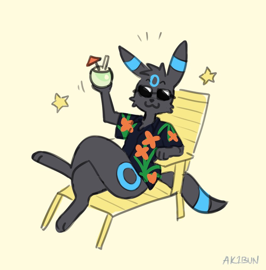 :3 aloha_shirt anthro anthrofied beach_chair beverage black_body black_fur blue_markings bottomless clothed clothing coconut coconut_drink crossed_legs drupe_(fruit) eyewear food fruit fur male markings pattern_clothing pattern_shirt pattern_topwear plant pokemorph shirt solo star sunglasses tail topwear akibun nintendo pokemon alex_(epic_alex_furry) fan_character eeveelution generation_2_pokemon pokemon_(species) shiny_pokemon umbreon 2024 colored digital_drawing_(artwork) digital_media_(artwork)