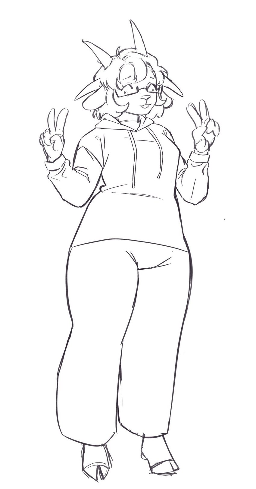 4_horns anthro bottomwear clothing double_v_sign eyewear gesture glasses hand_gesture hoodie hooves horn multi_horn pants smile solo sweatpants topwear v_sign 1groggy lidian_(saltcairn) bovid caprine domestic_sheep jacob_sheep mammal sheep hi_res sketch trans_(lore) trans_woman_(lore)