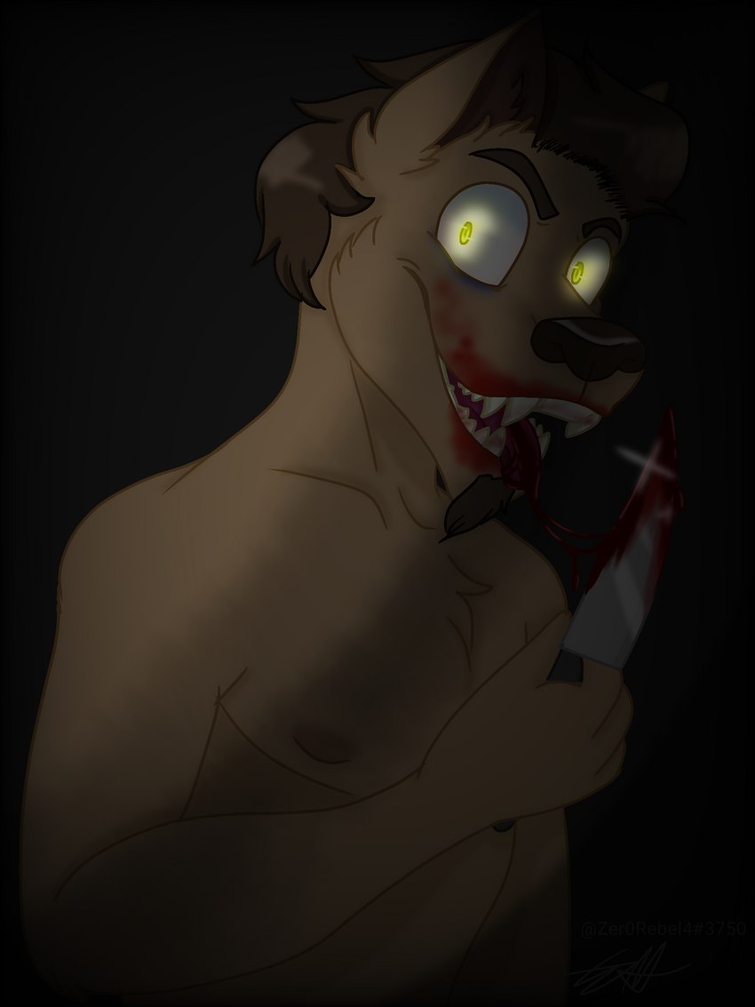 anthro black_background blood blood_on_face blood_on_knife bodily_fluids brown_body brown_fur brown_hair chest_tuft facial_hair fur glowing glowing_eyes gore grin hair holding_knife holding_object holding_weapon insane knife knife_play looking_at_viewer male masochism mutilation nipples nude open_mouth penetration self-harm sharp_teeth simple_background smile solo teeth tuft vignette weapon wounded yellow_eyes zer0rebel4 brandon_(zer0rebel4) alien aviarian_wolf canid canine canis mammal marsupial wolf 3:4 digital_media_(artwork) hi_res maleherm_(lore)