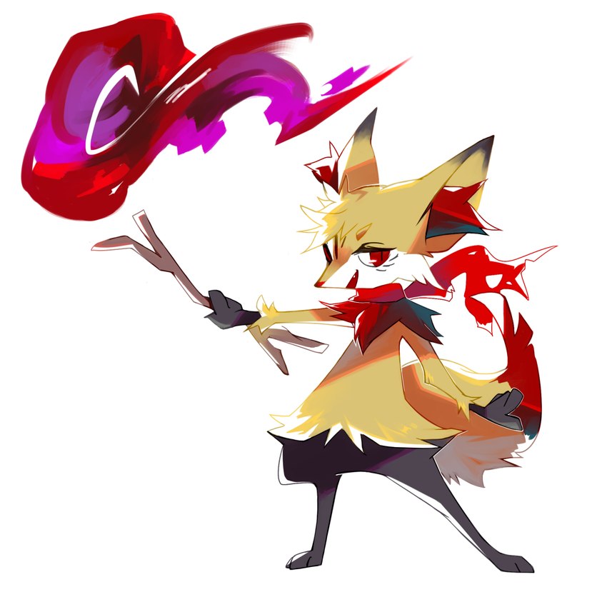 3_toes 4_fingers anthro black_body black_fur cute_fangs fangs feet fingers fire fur head_tuft inner_ear_fluff male open_mouth paws red_eyes scarf simple_background solo stick teeth toes tuft white_background white_body white_fur yellow_body yellow_fur aishasoup nintendo pokemon fang_(braixen) braixen generation_6_pokemon pokemon_(species) 1:1 colored_sketch hi_res sketch