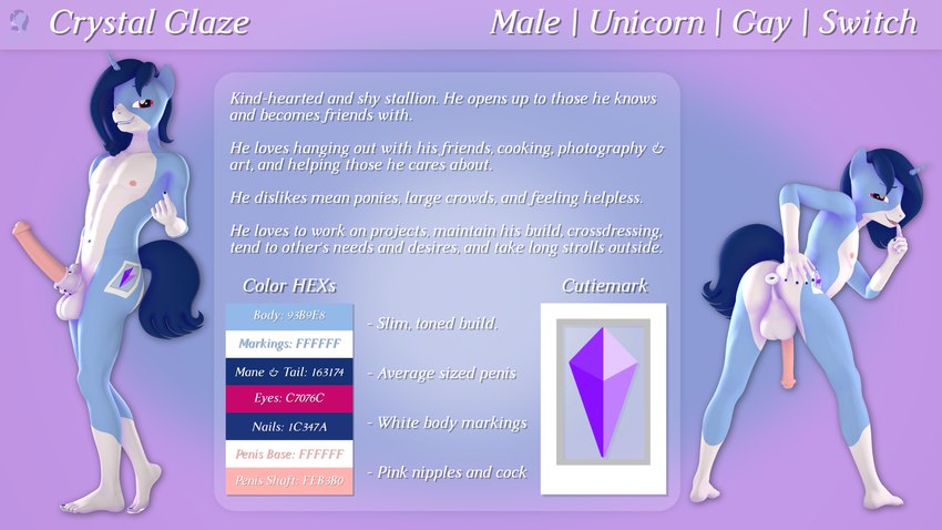 animal_genitalia animal_penis anthro anus balls bent_over blue_body blue_hair cutie_mark equine_genitalia equine_penis erection genitals hair horn leg_markings male markings nipples nude penis purple_eyes socks_(marking) solo text white_body unie hasbro my_little_pony mythology crystal_glaze_(oc) fan_character equid equine mammal mythological_creature mythological_equine unicorn 16:9 3d_(artwork) 4k absurd_res digital_media_(artwork) english_text hi_res model_sheet widescreen