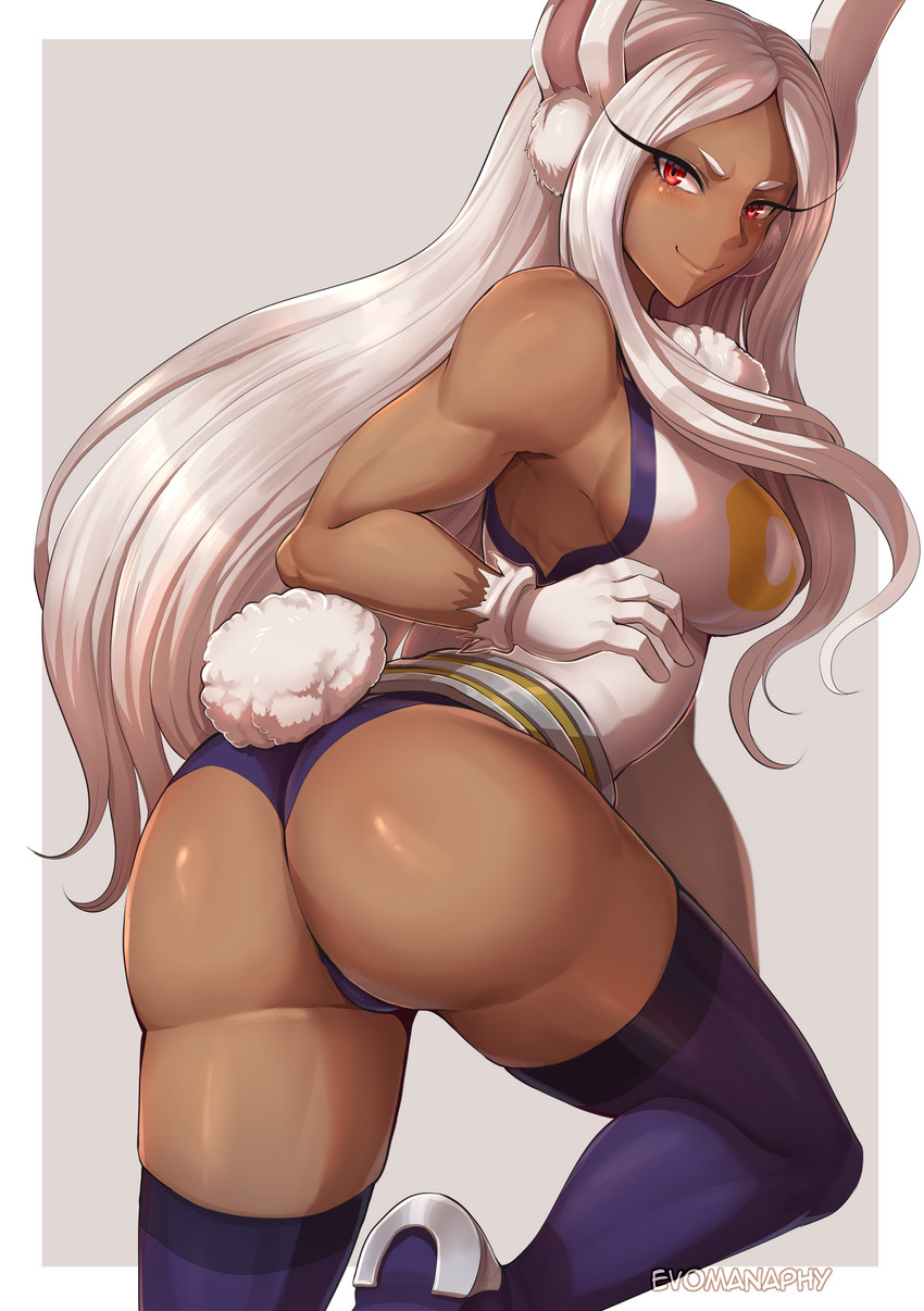 breasts butt butt_pose clothed clothing eyelashes female gloves hair handwear long_hair muscular muscular_female muscular_humanoid pose red_eyes side_boob smile solo white_hair evomanaphy my_hero_academia rumi_usagiyama animal_humanoid humanoid lagomorph lagomorph_humanoid leporid_humanoid mammal mammal_humanoid quirked_human_(my_hero_academia) rabbit_humanoid 2020 absurd_res digital_media_(artwork) hi_res signature