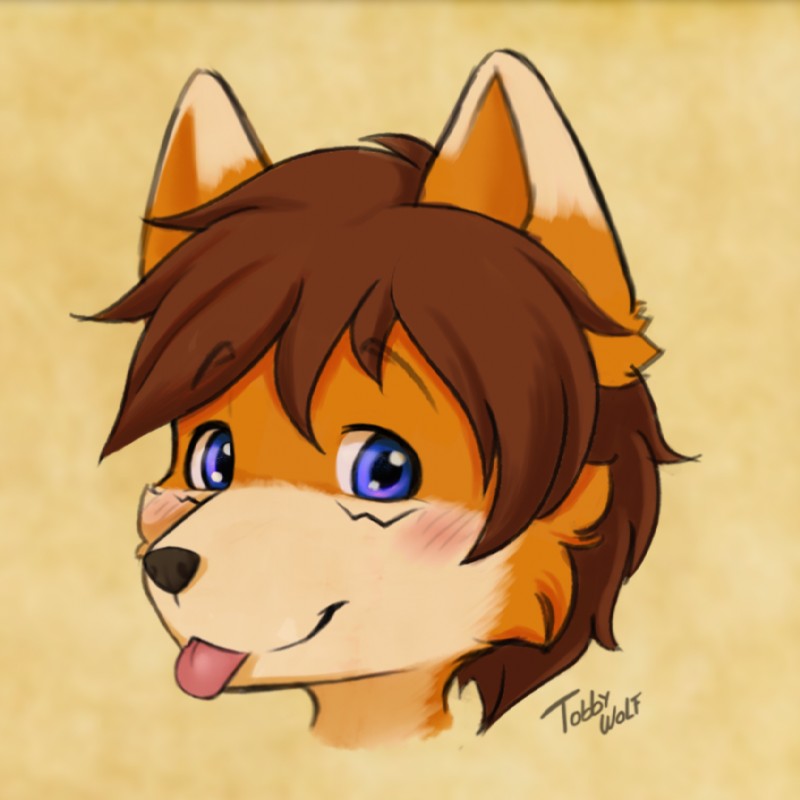 anthro blep blush looking_at_viewer male pink_tongue solo tongue tongue_out tobbywolf luvini canid canine fox mammal 1:1 alternate_version_at_source digital_media_(artwork) headshot_portrait icon portrait