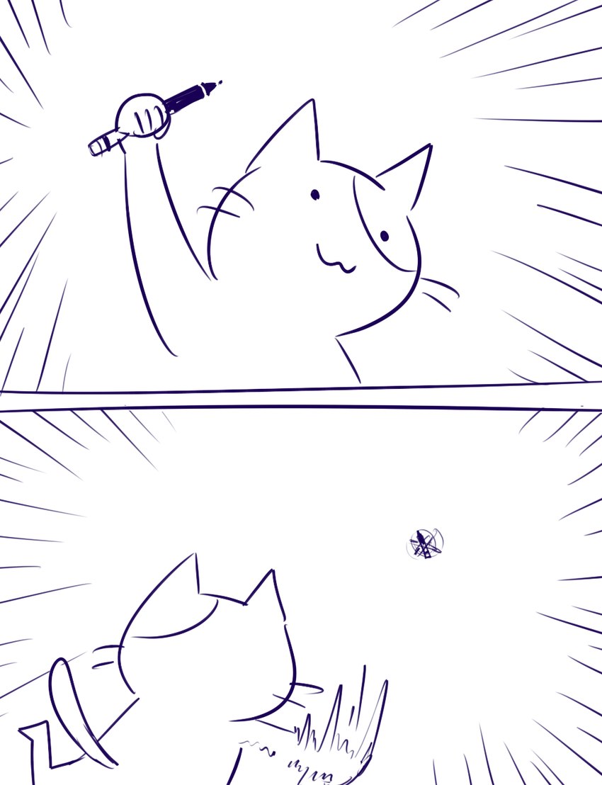 2_panel_comic ambiguous_gender cat_smile closed_smile dot_eyes holding_object holding_pen motion_lines mouth_closed paws pen smile solo tablet_pen tail throwing_object whiskers flavia-elric domestic_cat felid feline felis mammal 2019 blue_and_white comic digital_media_(artwork) hi_res monochrome sketch