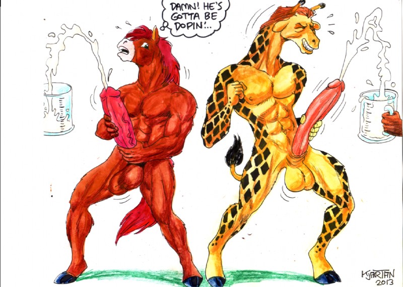 abs animal_genitalia animal_penis anthro balls biceps big_penis bodily_fluids brown_balls brown_body brown_fur competition cum cum_comparison cum_in_a_cup cum_in_container cumshot duo ejaculation equine_genitalia equine_penis erection excessive_cum excessive_genital_fluids excited eyes_closed fur genital_fluids genitals group_masturbation hair hooves horn huge_penis humanoid_genitalia humanoid_penis hyper hyper_genitalia hyper_penis long_penis male markings masturbation muscular muscular_male nipples nude orange_hair orgasm ossicone pecs penile penile_masturbation penis red_hair sexual_competition simple_background smile spots spotted_body spotted_fur standing sweat tail text two-handed_masturbation vein white_background yellow_balls yellow_body yellow_fur karno valmir equid equine giraffe giraffid horse mammal 2013 english_text