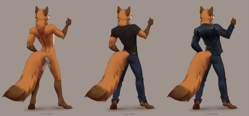 4_toes 5_fingers anthro butt clothed clothing ears_up feet fingers fur happy male nude orange_body orange_fur orange_tail plantigrade pose smile solo standing tail toes white_body white_fur koul scott_(scottthefox94) canid canine fox mammal