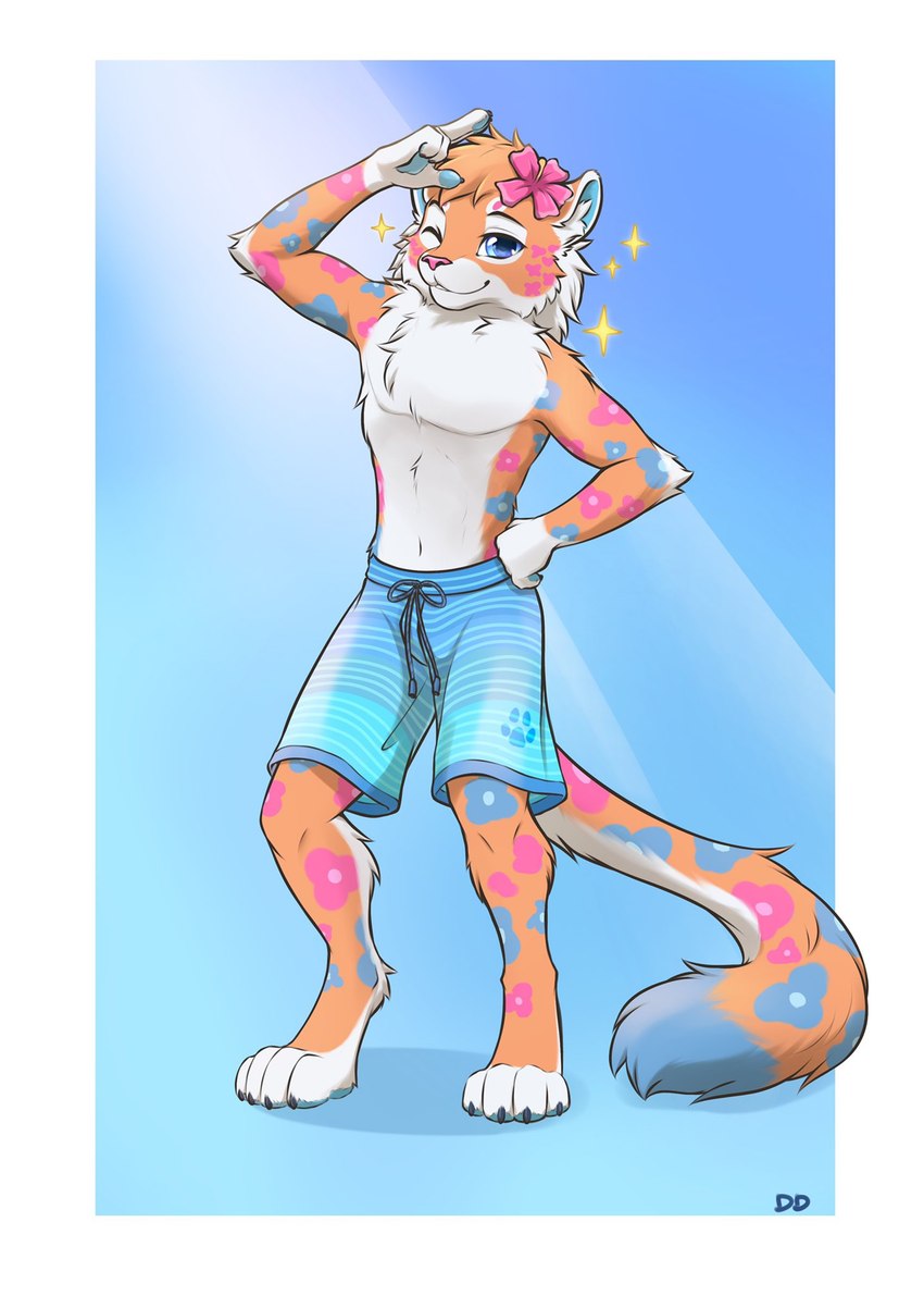 anthro blue_background blue_body blue_eyes blue_fur clothed clothing fur looking_at_viewer male one_eye_closed orange_body orange_fur pink_body pink_fur simple_background solo topless white_body white_fur wink ddgio felid mammal 2022 hi_res