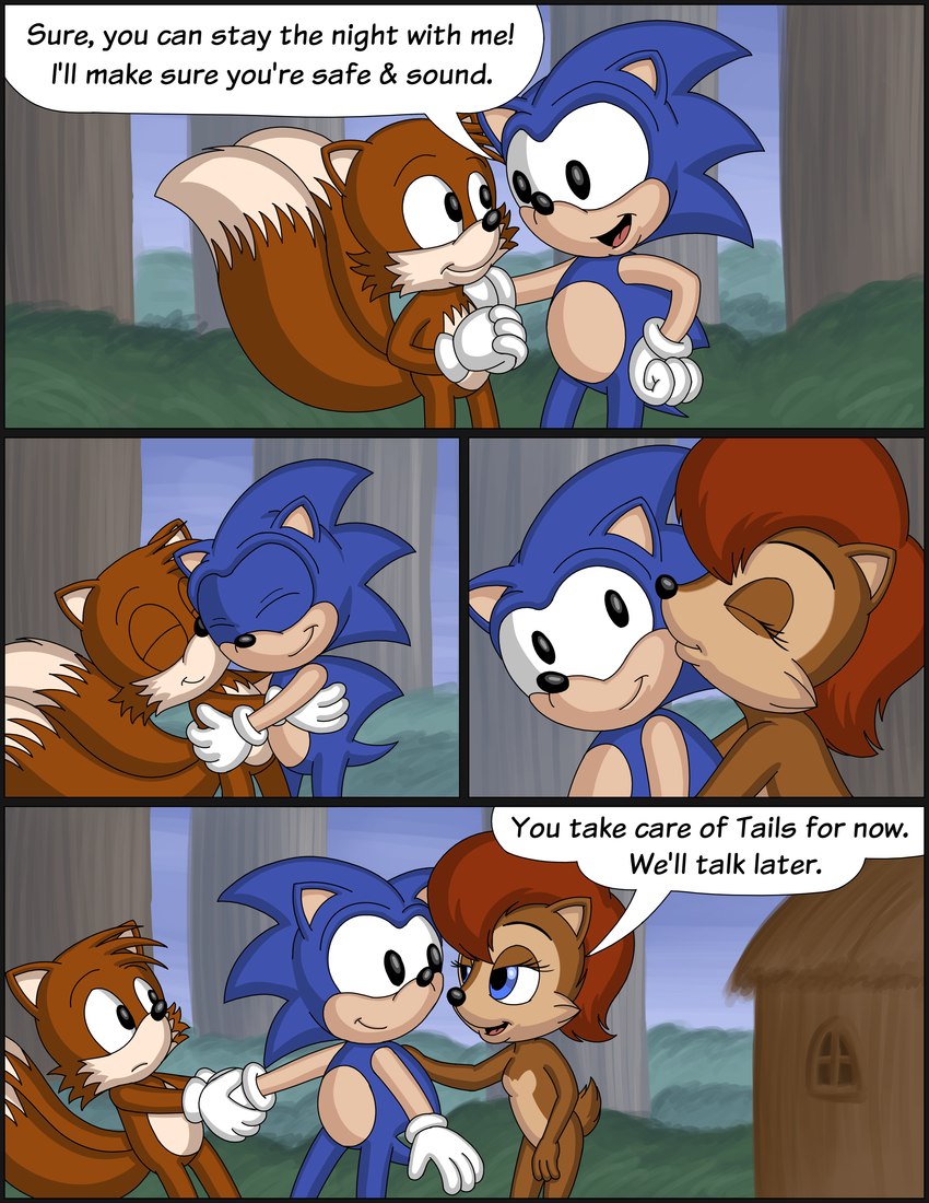 anthro base_three_layout blockage_(layout) dialogue female forest forest_background four_frame_image group horizontal_blockage hut kissing_cheek male nature nature_background plant pronounced_browridge text three_row_layout tree village omatic archie_comics sega sonic_the_hedgehog_(archie) sonic_the_hedgehog_(comics) sonic_the_hedgehog_(satam) sonic_the_hedgehog_(series) miles_prower sally_acorn sonic_the_hedgehog canid canine eulipotyphlan fox ground_squirrel hedgehog mammal rodent sciurid absurd_res comic english_text hi_res