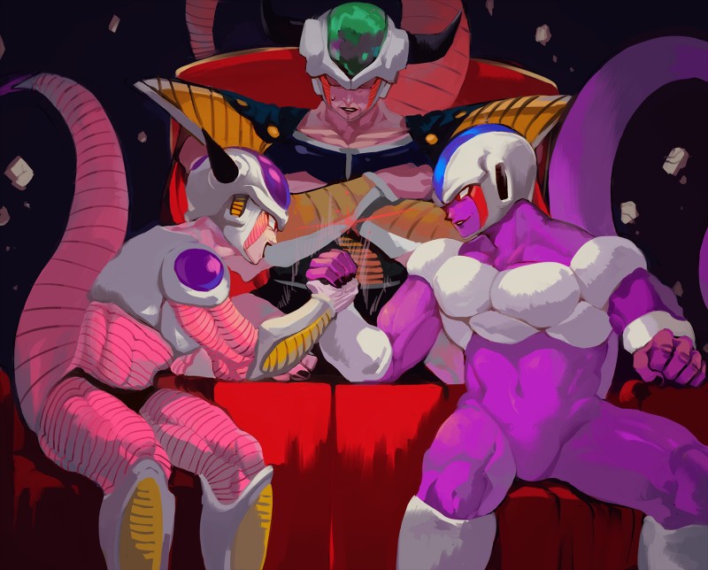 5_fingers arm_wrestling armor battle_armor bodily_fluids cape clothed clothing crossed_arms eyes_closed featureless_crotch fingers group horn lipstick makeup male muscular muscular_male navel not_furry nude open_mouth pecs red_eyes smile sweat sweatdrop mayo_cha dragon_ball dragon_ball_z cooler_(dragon_ball) frieza king_cold alien frieza_race humanoid hi_res brother_(lore) brothers_(lore) father_(lore) father_and_child_(lore) father_and_son_(lore) parent_(lore) parent_and_child_(lore) parent_and_son_(lore) sibling_(lore) son_(lore)