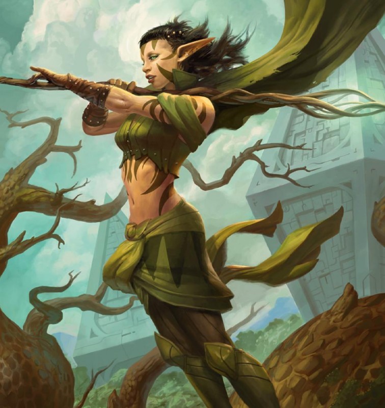 cloak clothing female markings melee_weapon midriff not_furry polearm solo staff weapon peter_mohrbacher hasbro magic:_the_gathering wizards_of_the_coast nissa_revane planeswalker elf humanoid official_art