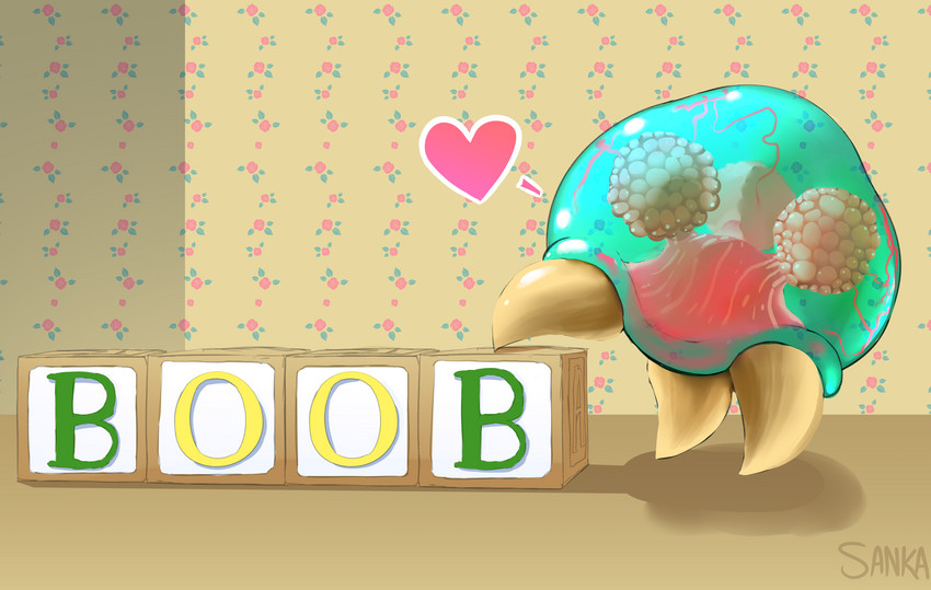 3_legs alphabet_block ambiguous_gender block floral_pattern heart_symbol letters multi_leg multi_limb not_furry solo text toy toy_block translucent translucent_body wallpaper_(decoration) sanka-tetsu metroid nintendo alien metroid_(species) english_text full-length_portrait hi_res portrait shaded soft_shading