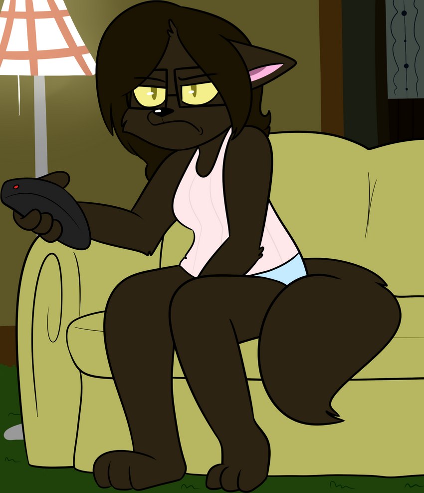 3_toes 4_fingers anthro arm_tuft barefoot biped black_eyebrows black_eyewear black_glasses black_whiskers blue_clothing blue_panties blue_underwear bottomwear breasts brown_body brown_ears brown_fur brown_hair brown_tail brown_tuft cat_tail cheek_tuft closed_frown clothed clothing controller detailed_background ears_down elbow_tuft eyebrow_through_hair eyebrows eyewear facial_tuft feet female female_anthro fingers fluffy fluffy_tail front_view frown fur fur_tuft furniture glasses green_eyes green_sofa hair holding_controller holding_object holding_remote_control inside no_pupils panties pantsless pantsless_anthro pantsless_female partially_clothed partially_clothed_anthro partially_clothed_female pattern_clothing pattern_shirt pattern_tank_top pattern_topwear pink_inner_ear pivoted_ears pointy_ears prick_ears remote_control shirt sitting sofa solo striped_clothing striped_shirt striped_tank_top striped_topwear stripes tail tank_top toes topwear translucent translucent_hair tuft tv_remote underwear whiskers white_clothing white_shirt white_tank_top white_topwear yellow_sclera chokovit_(artist) ann_bonaventura domestic_cat felid feline felis mammal york_chocolate 2018 colored digital_drawing_(artwork) digital_media_(artwork) full-length_portrait hi_res portrait