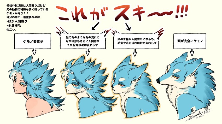 ambiguous_gender anthro blue_body blue_fur blue_hair countershading fur hair looking_sideways red_eyes text yellow_sclera submori_521 furry_scale canid canine canis humanoid mammal wolf 2024 absurd_res hi_res japanese_text signature translated